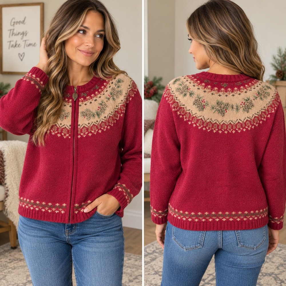 Croft & Barrow Cardigan Red Fair Isle Pinecone Embroidered Holiday Zip Size M